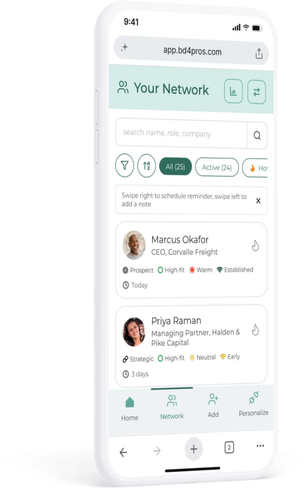 BD4 network screen listing contacts with relationship tags and filters